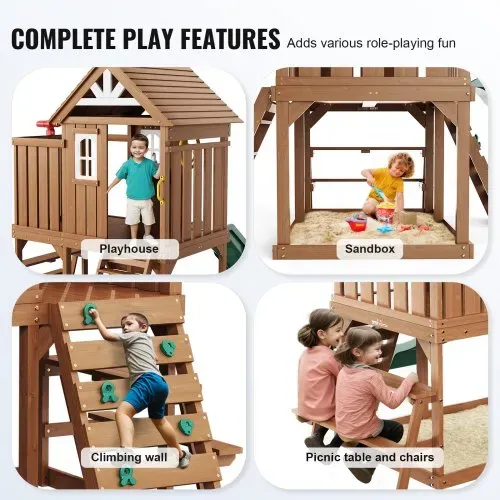 VEVOR Holzspielhaus Kinderspielhaus, Gartenhaus für Kinder ab 2 Jahren, Gartenspiele-Hütte, Spielhaus aus Zedernholz im Landhausstil mit Rutsche, Leiter, Kletterwand, Fenstern, Picknicktisch Outdoor – Bild 2