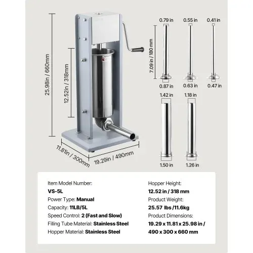 VEVOR Manueller Wurstfüller 5 L, Vertikale Wurstfüllmaschine mit zwei Geschwindigkeiten (Schnell/Langsam) & 5 Füllrohren & Griff, Fleischfüller aus Edelstahl für Gewerblichen & Privaten Gebrauch – Bild 6