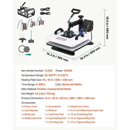 VEVOR Transferpresse 38x38cm 8-in-1 Sublimationsmaschine 1250W Textilpresse, 360° Schwenkfunktion Schnelles & Gleichmäßiges Aufheizen Zeit- & Temperaturregelung T-Shirts Tassen Becher Kappen Teller – Bild 6