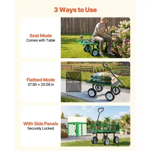 VEVOR Bollerwagen 226,8 kg Tragkraft, Gartenwagen mit Sitz & PU-Rädern, Transportwagen mit Werkzeugablage & Verstellbarem Griff, Gerätewagen für Rasen, Terrasse, Garten & Grünflächen, – Bild 4