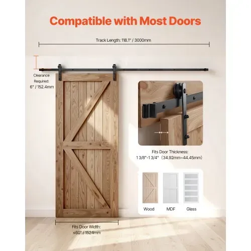 VEVOR Schiebetürsystem 3 m, Schiebetür Beschlag Tragkraft 150 kg, kompatibel mit einer maximalen Breite von 1524 mm und einer Dicke von 34,92 mm bis 44,45 mm, I-förmige Rolle, Schwarz – Bild 5