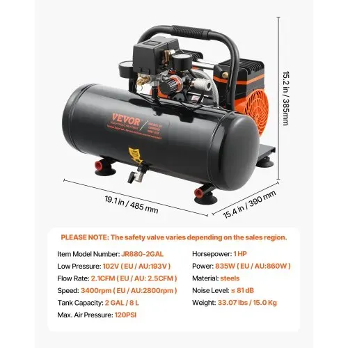 VEVOR-Luftkompressor, 2 Gallonen Stahltank, 1 PS, 2,5 CFM, 8 Bar, ölfreier Luftkompressor und max. 120 PSI Druck, 81 dB, ultraleiser tragbarer Kompressor, für Autoreparatur, Reifenbefüllung, Spritzlackierung – Bild 6