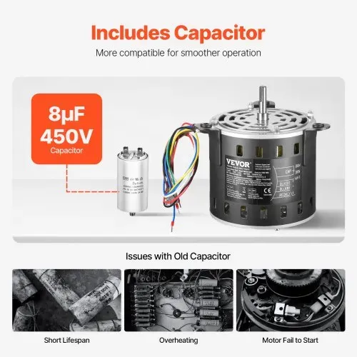 VEVOR 1/5 PS Gebläsemotor, 220 V, 1,45 Ampere, 3-Gang (700/900/1100 U/min), 10 mm Wellendurchmesser, 20 mm Wellenlänge, ROT. CCW vom Wellenende, inkl. CBB60 8 μF / 450 V Kondensator – Bild 2