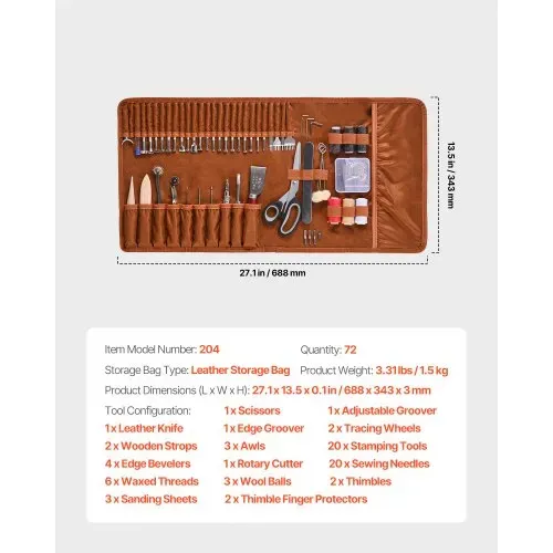 VEVOR 72-tlg. Lederhandwerkswerkzeug Set mit tragbarer Aufbewahrungstasche aus Segeltuchwerkzeug Grafikwerkzeug Stanzwerkzeug, Nähwerkzeug Schneidewerkzeuge, ideal für Anfänger Heimwerker Profis – Bild 6