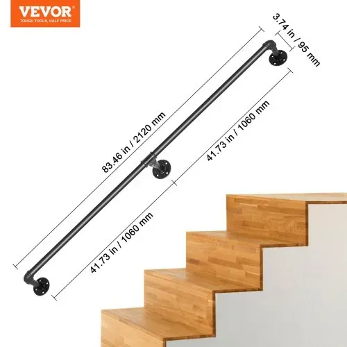 VEVOR 2x Retro Wasserrohr Handlauf 212cm Industrieller Windeisen Korridor Kohlenstoffstahl 3x Wandhalterungen Handlauf Rustikal 200kg Tragfähigkeit Geeignet für Handläufe im Innen-/Außenbereich – Bild 6