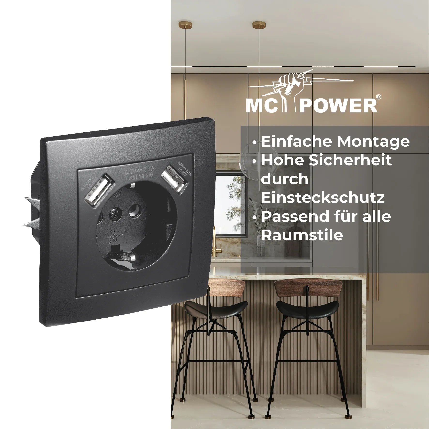 Schutzkontakt-Steckdose mit 2x USB McPower ''Flair'',250V, 5V/2,1A,UP,matt schwarz – Bild 4