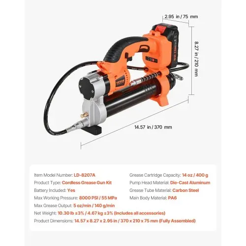 VEVOR Akku-Fettpresse, 55 MPa, Einhandfettpresse mit 2,0 Ah Akku & LED-Licht, 76,2 cm Schlauch & Tragetasche, Auslöser, Kompatibel mit 18V Makita-Akkus, Schmieren von Fahrzeugen oder Maschinen – Bild 6