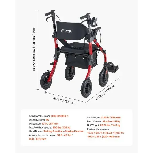 VEVOR 2-in-1 Rollator Faltbar mit Sitz, Leichter Gehwagen mit Reifen, Gehhilfe bis 136 kg mit Rückenlehne Tasche Gehstockhalter, Höhenverstellbare Laufhilfe mit Feststellfunktion für Senioren, Rot – Bild 6