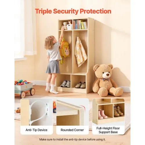 VEVOR Offener Kinderkleiderschrank aus Sperrholz, Kindergarderobe mit 4 Haken & 6 Fächern (2 Groß + 4 Klein), Garderobenregal & Aufbewahrungsregal für Kinderzimmer Zuhause Kindergarten Kita – Bild 4