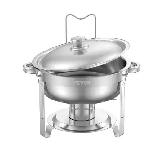 VEVOR Chafing Dish Buffet Speisenwärmer mit 2 Behältern in voller Größe (4,7 L pro), runder Catering-Wärmespender mit Deckel & Brennstoffhalter & Wasserpfanne, für Hochzeiten Partys Silber – Bild 8