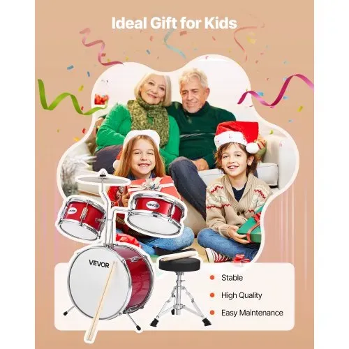 VEVOR Schlagzeug Set, 3-teilig, Drum Kit mit 35,6 cm Bassdrum, 25,4 cm Snare-Drum und 20,3 cm Tom-Toms, Musik-Lern-Schlagzeug-Instrumenten-Set, Ideal für Kinder von 6 bis 13 Jahren (rot) – Bild 6