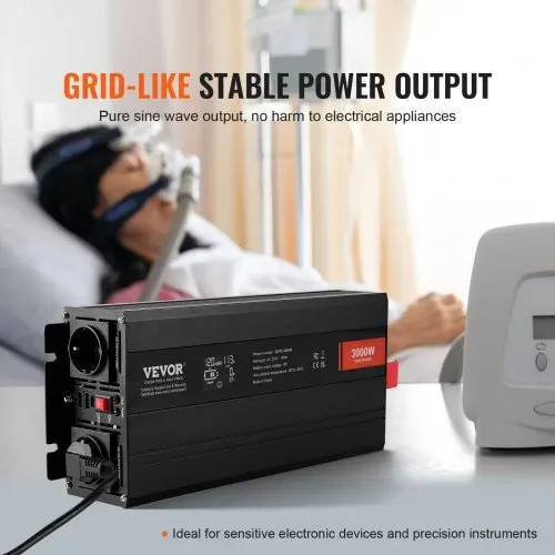 VEVOR Wechselrichter mit reiner Sinuswelle 3000W DC12V AC 230 V Spannungswandler 2 AC-Steckdosen 2 USB-Anschlüssen 1 Typ-C-Anschluss LCD-Display und Fernbedienung für große Haushaltsgeräte – Bild 2