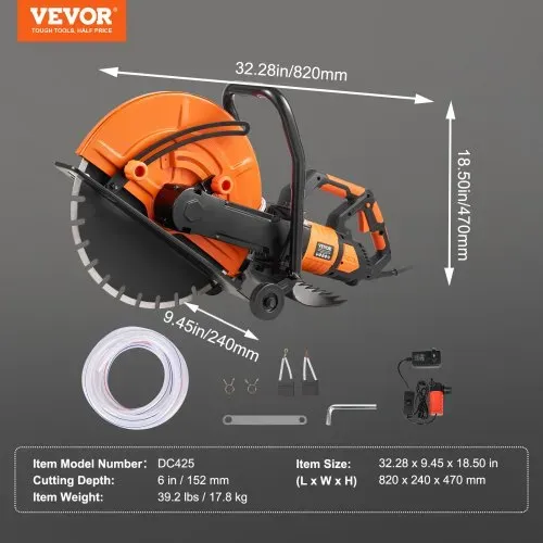 VEVOR Elektrische Betonsäge, 406 mm, Hochleistungs-Kreissäge 2800 W, Schnitttiefe 152 mm, Nass-/Trocken-Scheibensäge mit Wasserrohr, Wasserpumpe, Sägeblatt, für Stein und Ziegel – Bild 6
