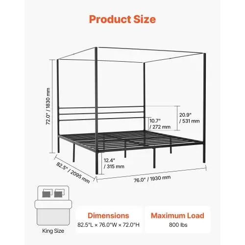 VEVOR Himmelbettrahmen (Kingsize), Metallhimmelbett (363 kg belastbar) mit Himmelbett-Design, robuste Stahllattenstütze, Stauraum unter dem Bett, kein Boxspring erforderlich, Netzrahmen Schwarz VEVOR Himmelbettrahmen (Kingsize), Metallhimmelbett (363 kg belastbar) mit Himmelbett-Design, robuste Stahllattenstütze, Stauraum unter dem Bett, kein Boxspring erforderlich, Netzrahmen Schwarz