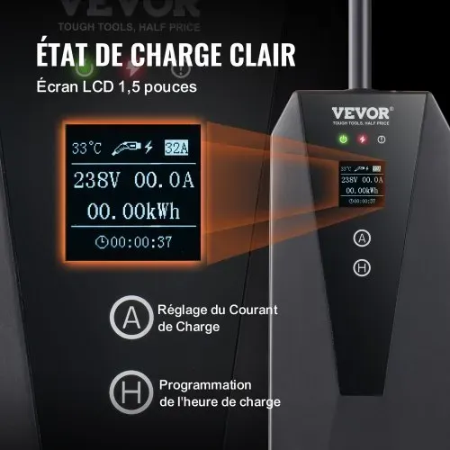 VEVOR Tragbares EV-Ladegerät mit LCD-Display 3,68 kW Ladegerät für Elektrofahrzeuge EV-Ladekabel Typ 2(IEC62196) CEE 7/7 Stecker 16A 1-Phasig EV-Ladestation 8,6m Kabellänge IP66 Wasserdicht Wallbox – Bild 5