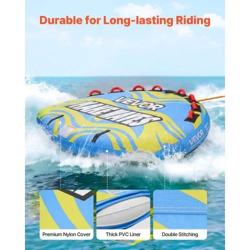 VEVOR Towable Tube für Boote, Wassersport-Schleppreifen für 4 Personen, bis 308 kg Tragfähigkeit, mit Flossen, Nylonhülle, Gepolsterten Griffen und Sicherheitsventil, für Seen, Flüsse und Meere, Blau – Bild 2