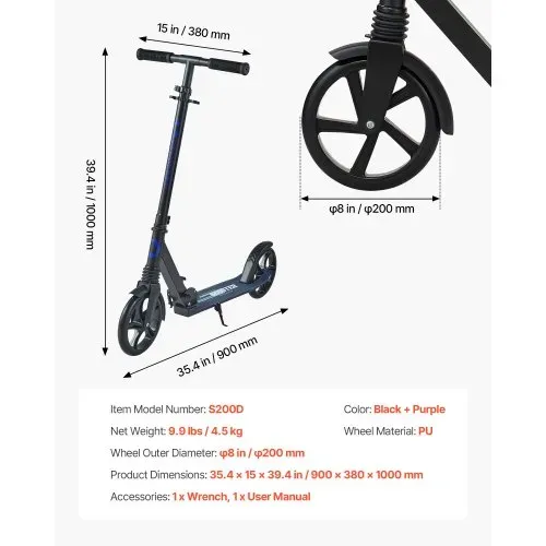 VEVOR Scooter (2 Räder) für Kinder ab 8 Jahren, Cityroller Kinderroller Straßenroller mit höhenverstellbarem Lenker & rutschfestem Deck, faltbarer Tretroller bis zu 100 kg, Schwarz + Lila – Bild 6