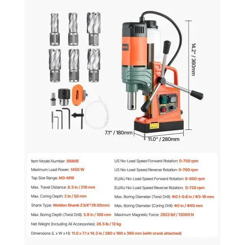 VEVOR Magnetbohrmaschine, 1450-W-Motor, 50 mm Kernbohrdurchmesser, 13000 N Magnetkraft, Elektrische Kernbohrmaschine mit 6 Kernbohrern, Variable Drehzahl, Bohrmaschine für Metalloberflächen – Bild 6