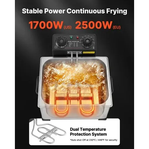 VEVOR Gewerbliche Elektrische Fritteuse 5,2 L Ölkapazität 2500 W Edelstahl, Tischgerät mit Frittierkörben (zwei Kleine + ein Großer), Überhitzungsschutz, Temperaturregelung und Timer, Silber – Bild 2