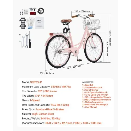 VEVOR Cruiser Fahrrad (Reifendurchmesser 660,4 mm) Beach Fahrrad mit großem Korb & Gepäckträger, Cruiser-Fahrrad mit verstellbarem Sitz, für Radfahren & Trainieren & Einkaufen Rosa – Bild 6
