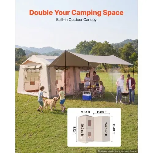 VEVOR Aufblasbares Zelt Luftzelt 5-8 Personen mit Pumpe & Sonnendach Beige, für Outdoor-Aktivität Wasserabweisendes 420D Oxford-Gewebe mit Dachfenster Ofenrohrdurchführung & Netzfenster Windstabil – Bild 2