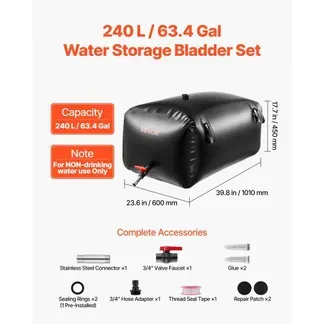 VEVOR Wasserblasen Aufbewahrungsbehälter, 240 L, Wassersack faltbar, Wasserbehälter aus 1000D PVC, Wasserbehälter auslaufsicher, ideal für Camping, Gartenbewässerung, RV & Notfälle, Schwarz VEVOR Wasserblasen Aufbewahrungsbehälter, 240 L, Wassersack faltbar, Wasserbehälter aus 1000D PVC, Wasserbehälter auslaufsicher, ideal für Camping, Gartenbewässerung, RV & Notfälle, Schwarz