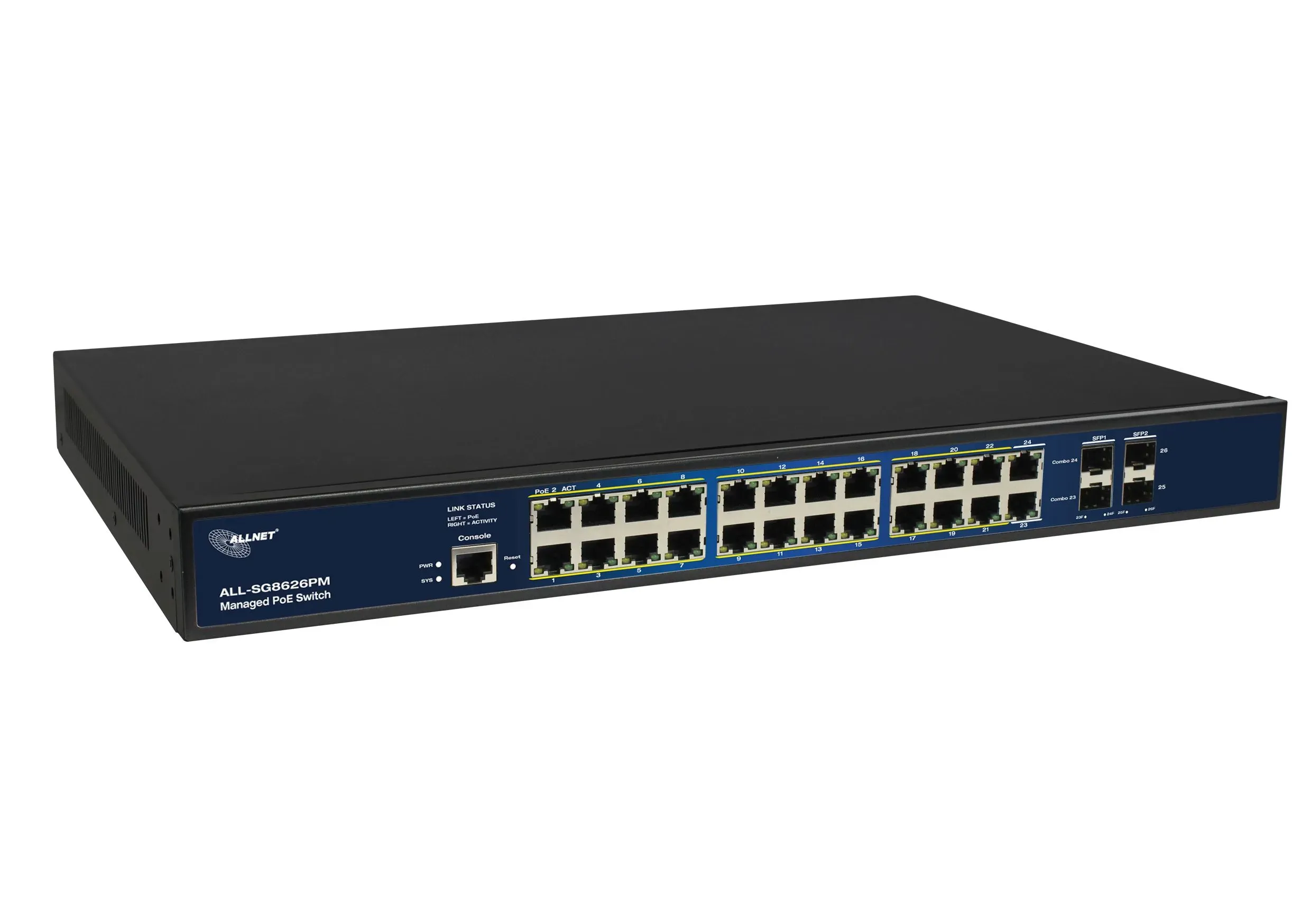 ALLNET Switch full managed Layer2+ 26 Port • 24x GbE • PoE Budget 370W • 22x PoE at • 2x Combo • 2x SFP • 19" • Lüfterlos • JSON API • ALL-SG8626PMJ – Bild 2