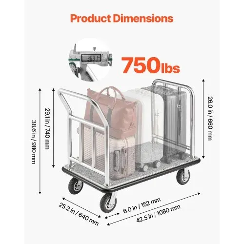 VEVOR Hotelgepäckwagen, 340 kg Tragkraft, Plattformwagen mit abnehmbarem Vorderrahmen, Parkservicewagen mit Teppichboden & 15 cm großen Gummirädern, ideal für Hotels, Eigentumswohnungen, Resorts – Bild 2