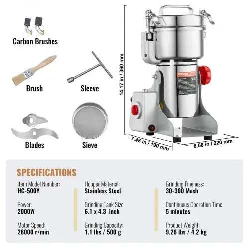 VEVOR elektrische Getreidemühle Hochgeschwindigkeits-Gewürzmühle 500 g mit 2000 W, Pulverisiermaschine aus Edelstahl, für trockene Körner Gewürze Müsli Kaffee Mais Pfeffer Schwenktyp 22 x 19 x 36 cm – Bild 6