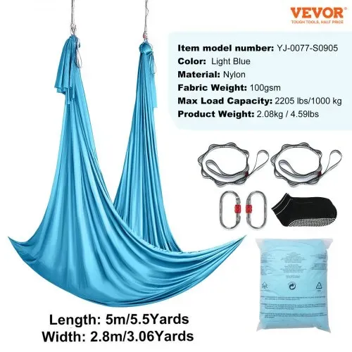 VEVOR Aerial Yoga Hängematte Set 5 x 2,8 m, Blau Aerial Yoga Swing Air Fliegen, Yoga-Schaukel Hammock Swing 1000 kg Max. Tragfähigkeit, inkl. Yoga-Socken & Stahlkarabiner, Anti-Gravity-Übungen – Bild 6