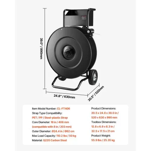 VEVOR Abrollwagen, passend für PET-/PP-/Stahl-Umreifungsrollen mit 203/406 mm Kerngröße, robuster Umreifungsspender mit verbesserter Trommelbremse, integrierte geräumige Ablage für Werkzeuge – Bild 6