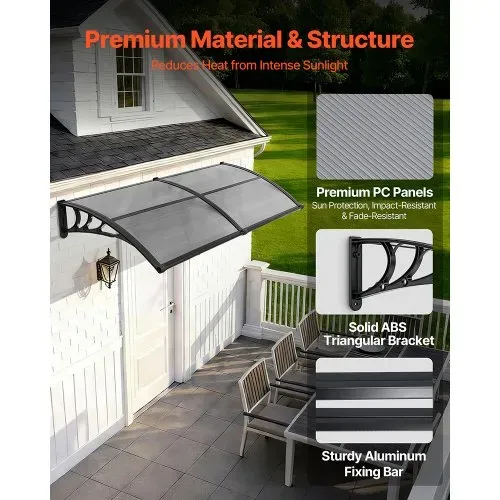 VEVOR Vordach für Haustür, 965x1987 mm, Pultbogenvordach, Überdachung mit Entwässerung & ABS-Halterung, Regen-, Schnee- & Sonnenschutz, Polycarbonat-Türdach für Veranda & Terrasse, Rauchgrau – Bild 3