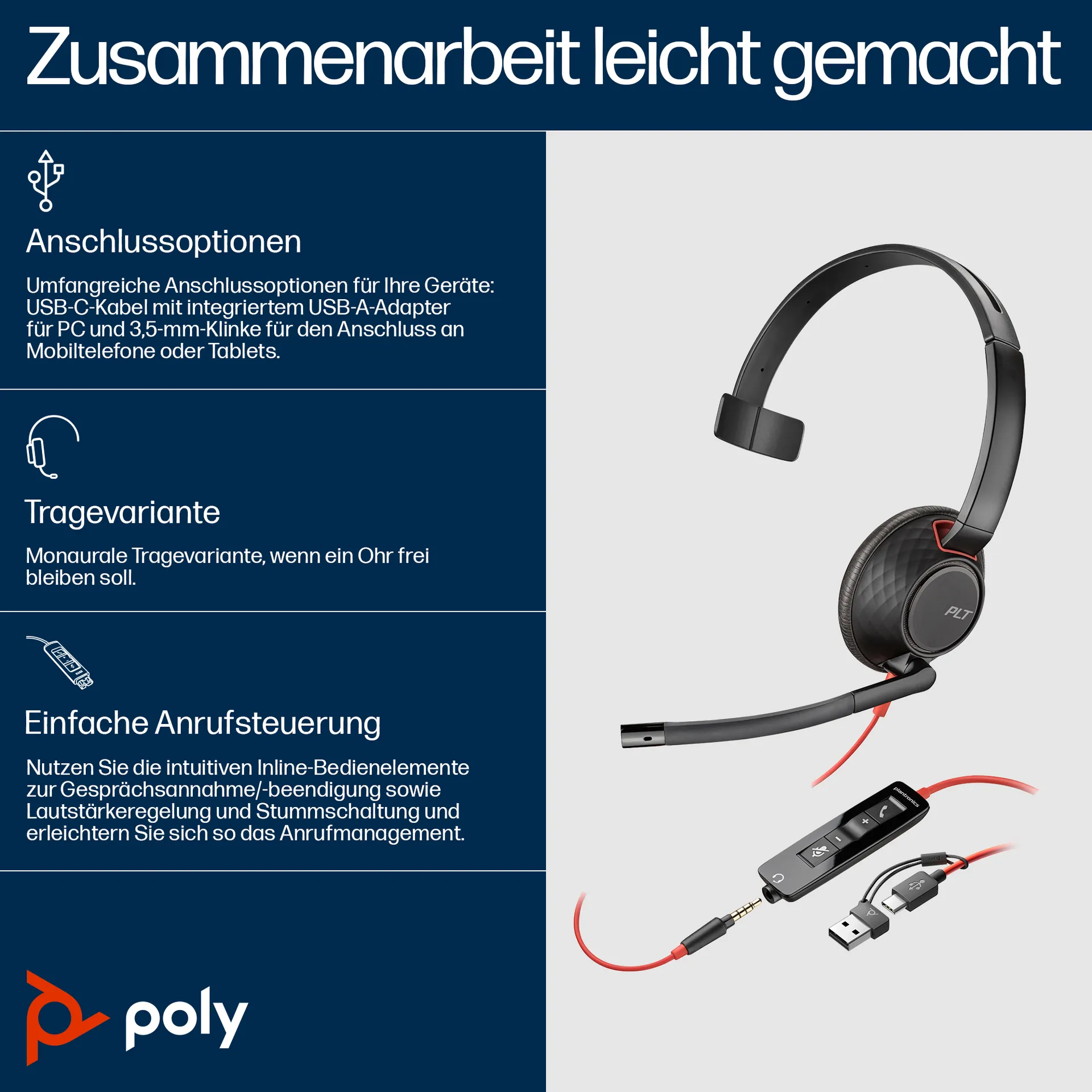 HP Poly Blackwire 5210 Monaural USB-C-Headset +3,5-mm-Stecker +USB-C/A-Adapter – Bild 2