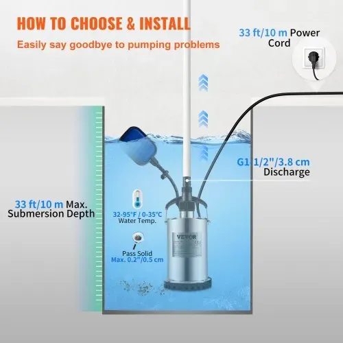 VEVOR Schmutzwasserpumpe 550W Tauchpumpe 230V Gartenpumpe Durchfluss 9500L/h Schmutzwassertauchpumpe IPX8 Auslass zuschneidbar zum Pumpen von Wasser aus Schwimmbädern Teichen Kellern – Bild 5