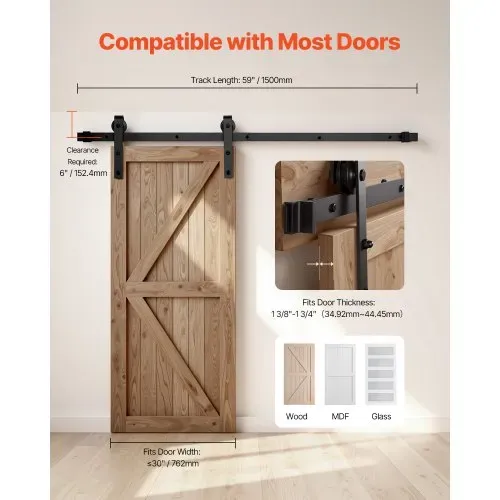 VEVOR Schiebetürsystem 1,5 m Laufschiene, Schiebetürbeschlag Tragkraft 150 kg, Kompatibel mit 762 mm max. Breite und 34,92 bis 44,45 mm Dicke, langlebige Schiene & J-förmige Rolle, Schwarz – Bild 5