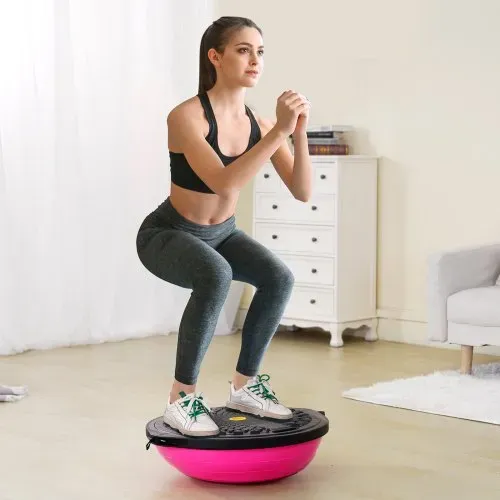VEVOR Halb-Gymnastikball-Trainer, 66 cm Balance-Ball-Trainer, 680 kg Tragkraft Stabilitätsball, Yoga-Ball mit Widerstandsbändern & Fußpumpe, Yogaball Kraft-Fitnessball im Heim-Fitnessstudio, Rosa – Bild 7