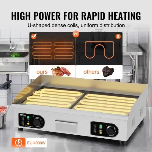 VEVOR Kommerzieller elektrischer Grill, 4000 W, flache Grillplatte für die Arbeitsplatte, einstellbare Temperatur von 122 °F bis 572 °F, 25,98 x 15,75 x 0,39 Zoll, Grillplatte aus Edelstahl mit 2 Schaufeln und 2 Bürsten für Zuhause oder das Restaurant – Bild 2