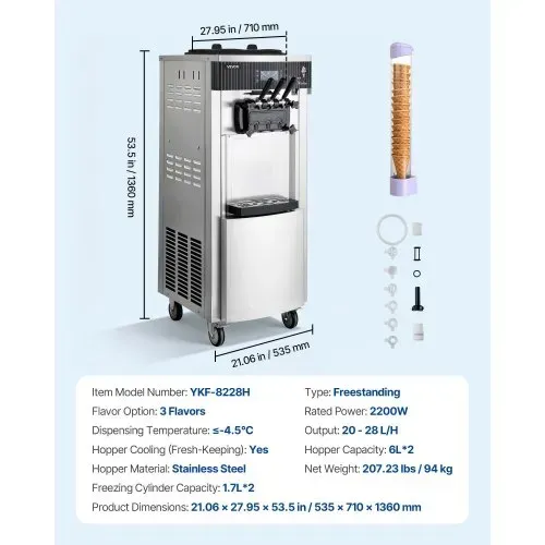 VEVOR Kommerzielle Softeismaschine 2200 W, Freistehende Eismaschine mit 20-28 L/h Produktion, mit 3 Geschmacksrichtungen & 2 Behältern (6 L), Vorkühlung & Selbstreinigung für Snack- und Dessertläden – Bild 6