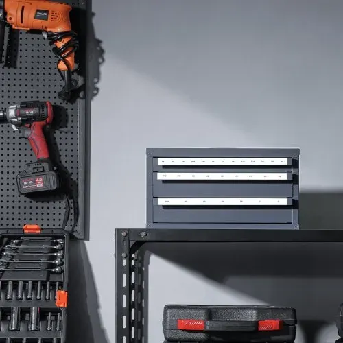 VEVOR Schaftfräser-Spenderschrank, Schaftfräser-Organizer-Schrank mit drei Schubladen für 1/8" bis 1", Stahl-Schaftfräser-Spender-Organizer-Schrank mit Etiketten, Stapelbar mit 29 Fächern – Bild 7