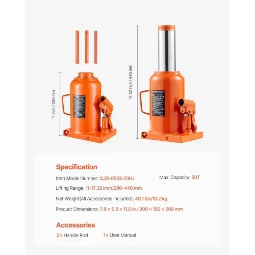 VEVOR hydraulischer Wagenheber, 50 t Stempelwagenheber Flaschenwagenheber mit 28-44 cm Hubbereich und 3-teiligem langem Griff, für Auto Pickup Lkw Wohnmobil Autoreparatur Industrietechnik – Bild 6