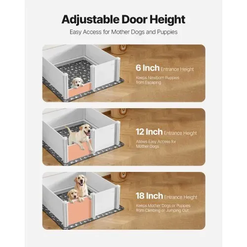 VEVOR Wurfkiste für Hunde, 122x122x46cm, Welpenlaufstall aus Kunststoff-PVC mit höhenverstellbarer Tür & waschbarer Pipi-Unterlage, verformungssicherer Welpenkiste für große Hunde, Milchweiß – Bild 3