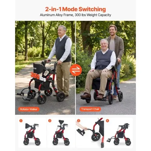VEVOR 2-in-1 Rollator Faltbar mit Sitz, Leichter Gehwagen mit Reifen, Gehhilfe bis 136 kg mit Rückenlehne Tasche Gehstockhalter, Höhenverstellbare Laufhilfe mit Feststellfunktion für Senioren, Rot VEVOR 2-in-1 Rollator Faltbar mit Sitz, Leichter Gehwagen mit Reifen, Gehhilfe bis 136 kg mit Rückenlehne Tasche Gehstockhalter, Höhenverstellbare Laufhilfe mit Feststellfunktion für Senioren, Rot