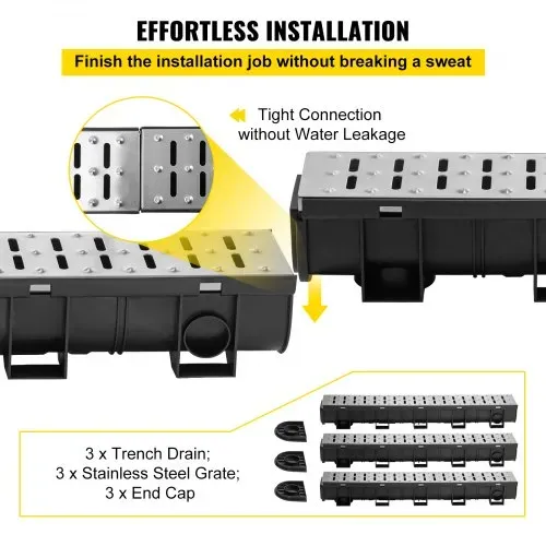 VEVOR Entwässerungsrinne-Set, 3er-Pack, Terrassenrinne, Edelstahl-Grabenentwässerungssystem 15 x 13 x 100 cm, mit 3 Endkappen, Steckverbindung, für Gartenablauf, Auffahrt, Pool, Gehweg – Bild 2