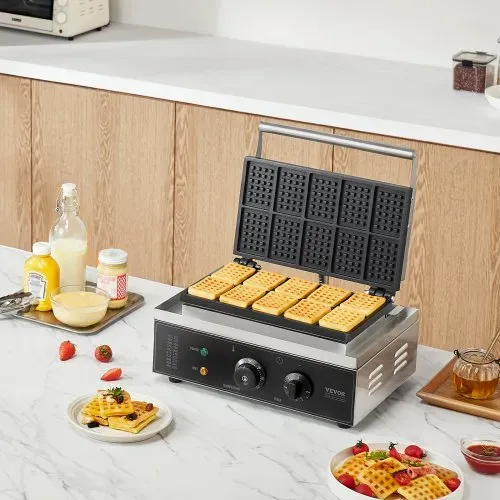 VEVOR Kommerzielles Waffeleisen 1550 W antihaftbeschichtetes Waffeleisen aus Edelstahl mit Temperatur- und Zeitregelung, Griff, für Restaurant Bäckerei Snackbar Familie 10 rechteckige Waffeln – Bild 7