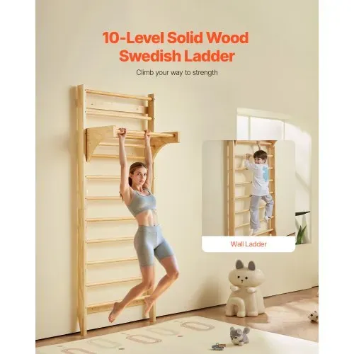 VEVOR schwedisches Leiterwand 10-stufiges Indoor-Klettergerüst aus Massivholz, 100 kg belastbare Indoor-Spielplatz-Kletterleiter Turnreck mit Klimmzugstange – Ideales Geschenk für Kinder – Bild 3