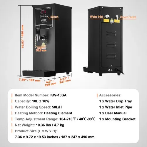VEVOR Gewerblicher Heißwasserspender 10 L, 1,5 kW Wasserkocher Elektrisch mit Heizrohr aus Edelstahl 316, Stufenweise Schnellaufheizung 50 L/h Heißwasserbereiter für Cafés Teestuben Restaurants Büros – Bild 6