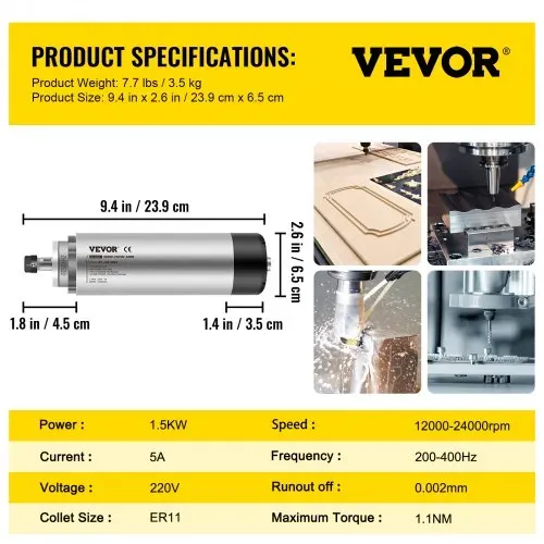 VEVOR Spindelmotor CNC Spindelmotor Luftgekühlte 1,5 Kw, Luftkühlung Spindelmotor 220 - 250 V Luftgekühlter Motor für CNC Spannzangenfutter 8000-24000 U/min Air Cooled Spindle Motor Wind Cooled – Bild 6