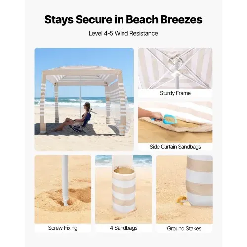 VEVOR Strand-Cabana, 2,4 x 2,4 m Strandüberdachung mit Seitenwand, UPF 50+ Sonnenschutz, Cabana mit Sandsäcken, höhenverstellbarer & tragbarer Sonnenschutz für die ganze Familie und Freunde – Bild 2