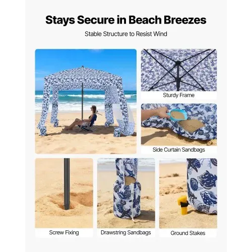 VEVOR Strand-Cabana 183 x 183 cm Strandüberdachung mit Seitenwand, UPF 50+ Sonnenschutz, Strandpavillon mit Sandsäcken, großer tragbarer Sonnenschutz Sonnenschirm für Familie Freunde Outdoor – Bild 2
