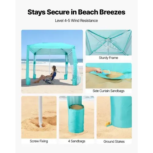 VEVOR Strand-Cabana, 2,4 x 2,4 m Strandzelt mit Seitenwand, UPF 50+ Sonnenschutz, Strandpavillon mit Sandsäcken, höhenverstellbarer & tragbarer Sonnenschutz für Familie und Freund, Grün – Bild 2